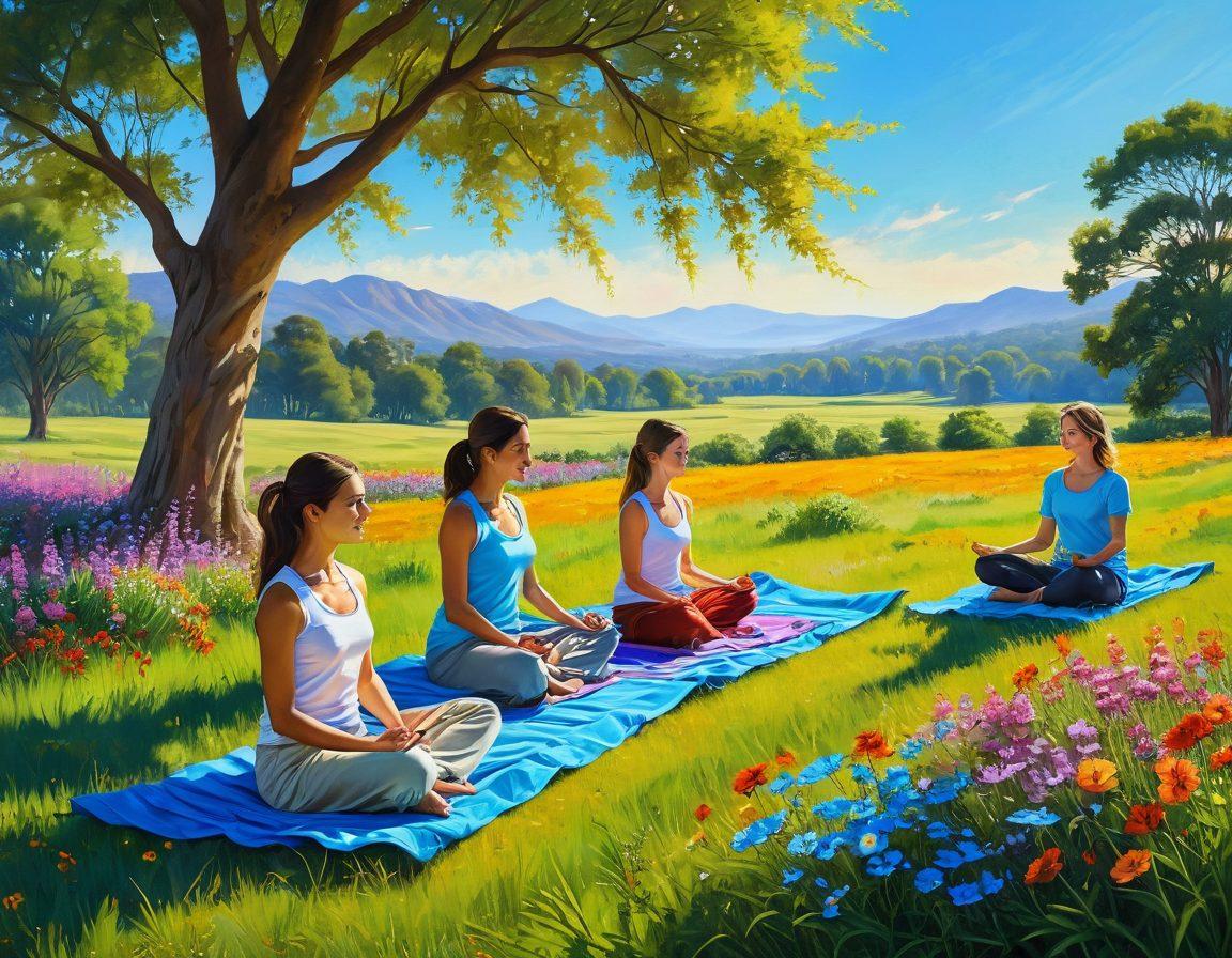 A serene landscape depicting a sun-drenched meadow filled with colorful flowers and a clear blue sky, where individuals are joyously engaging in different activities like painting, dancing, and meditating. Emphasize vibrant smiles and a sense of community and connection among people of diverse backgrounds. Include soft, calming colors to evoke feelings of happiness and satisfaction. super-realistic. vibrant colors.