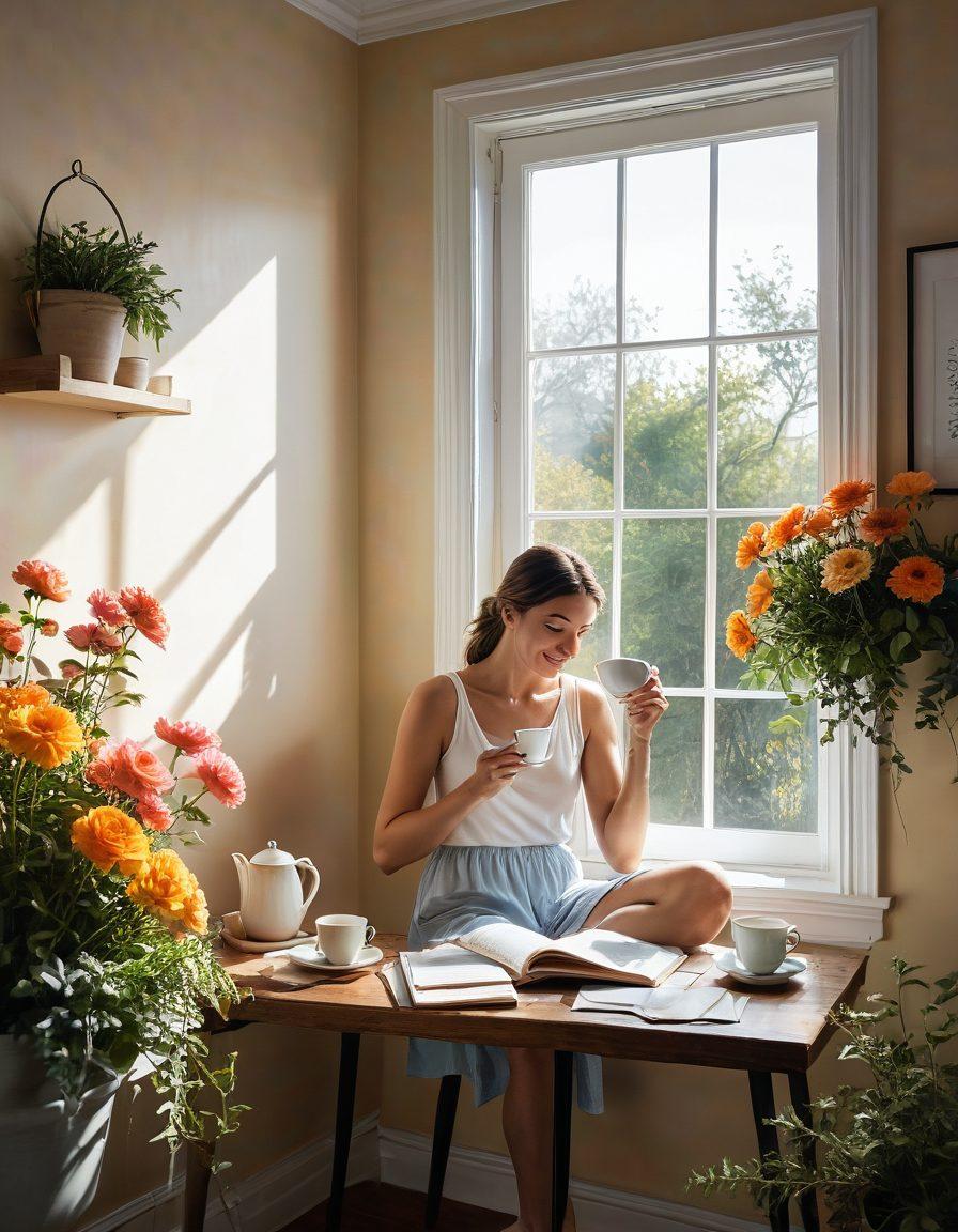 A serene morning scene depicting a person joyfully engaging in small daily habits, like journaling and sipping tea, surrounded by vibrant flowers and sunlight. Illustrate a cozy indoor space with motivational quotes on the walls, symbolizing positivity and growth. Include elements representing small actions leading to large changes, like a plant thriving in the corner. soft pastel colors. painting.