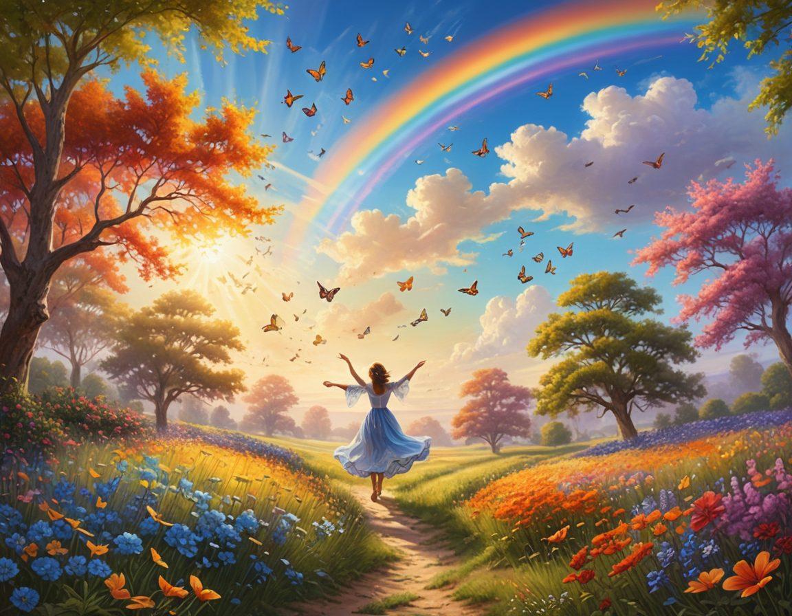 A bright and colorful landscape depicting a person joyfully dancing in a sunlit meadow filled with blooming flowers. In the background, a clear blue sky with fluffy clouds and birds soaring above, symbolizing freedom and happiness. Soft rays of sunlight filter through the trees, creating a warm and inviting atmosphere. Elements like butterflies and a rainbow subtly enhance the scene, representing joy and positivity. vibrant colors. super-realistic.